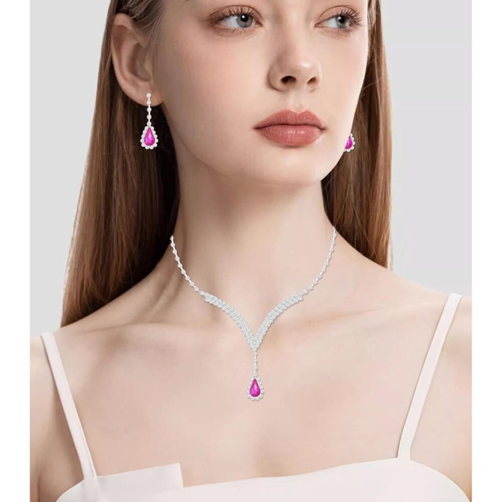 V-shape Crystal Wedding Jewelry Set for Women Bridal Necklace Earrings Bracelet - Picture 2 of 6